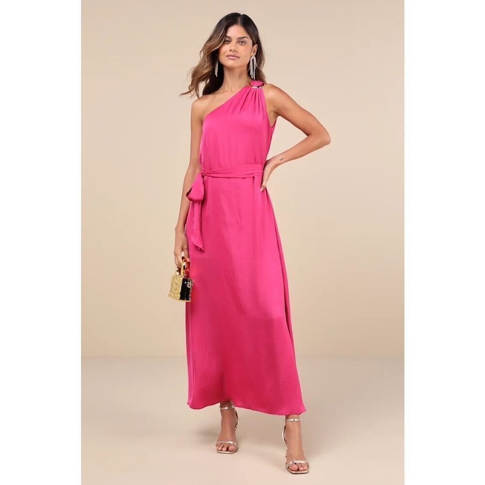 Lulus Goddess Aura Fuchsia Satin One-Shoulder Maxi Dress Size M NWT